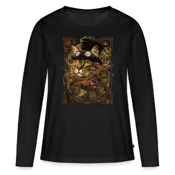 Chat steampunk - T-shirt manches longues Premium bio Femme - noir - Devant - Julia (174cm)