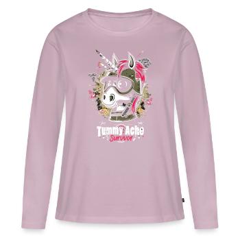 Drôle Licorne Mème Maux d’estomac - T-shirt manches longues Premium bio Femme - rose poudré - Devant - Julia (174cm)