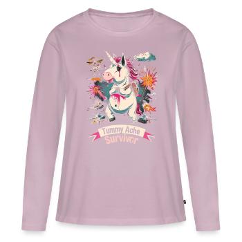 Drôle Licorne Mème Maux d’estomac - T-shirt manches longues Premium bio Femme - rose poudré - Devant - Julia (174cm)