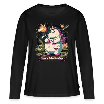 Drôle Licorne Mème Maux d’estomac - T-shirt manches longues Premium bio Femme - noir - Devant - Julia (174cm)