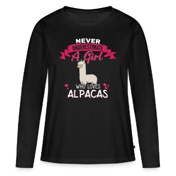 Never underestimate a Girl who loves Alpacas - Frauen Premium Bio Langarmshirt - Schwarz - Vorne - Julia (174cm)