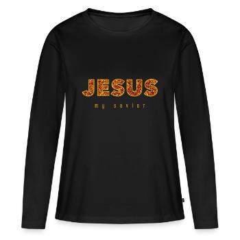 Jésus mon sauveur | Paillettes d'or - T-shirt manches longues Premium bio Femme - noir - Devant - Julia (174cm)