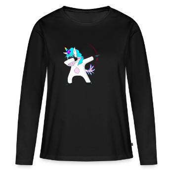 Dabbing unicorn with bow and arrow. Archery. - Women's Premium Organic Long Sleeve Shirt - black - Front - Julia (174cm)