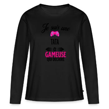 je suis gameuse qui déchire et tata - T-shirt manches longues Premium bio Femme - noir - Devant - Julia (174cm)
