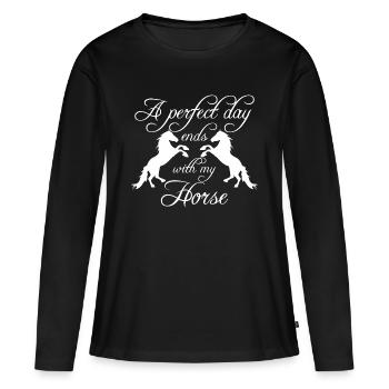 Cheval équitation Cavaliers Cavaliers Cadeau - T-shirt manches longues Premium bio Femme - noir - Devant - Julia (174cm)