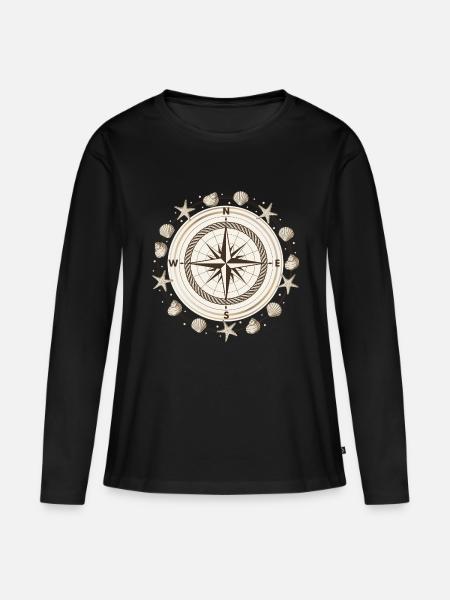 Kompass Maritim Muscheln Reisen - Frauen Premium Bio Langarmshirt - Schwarz