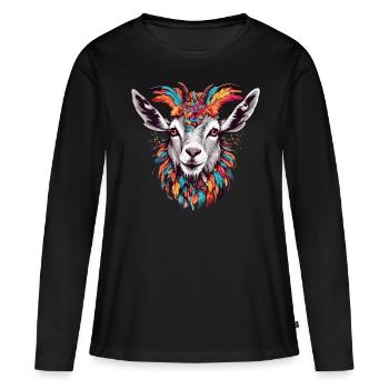 Chèvre colorée bouc décoré de plumes - T-shirt manches longues Premium bio Femme - noir - Devant - Julia (174cm)
