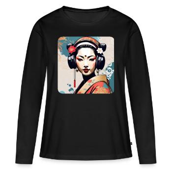 Pretty geisha with headphones and flowers - Women's Premium Organic Long Sleeve Shirt - black - Front - Julia (174cm)