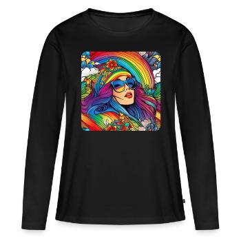 Flower Power Frau in Retro Look mit Blumen - Frauen Premium Bio Langarmshirt - Schwarz - Vorne - Julia (174cm)