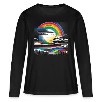 Stadt Skyline mit Regenbogen und Wolken - Frauen Premium Bio Langarmshirt - Schwarz - Vorne - Julia (174cm)