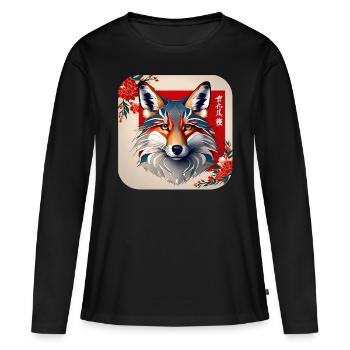 Asiatischer Fuchs mit Kirschblüten - Frauen Premium Bio Langarmshirt - Schwarz - Vorne - Julia (174cm)