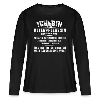 Nursing Home Gifts-Born Nurse TShirt - Women's Premium Organic Long Sleeve Shirt - black - Front - Julia (174cm)