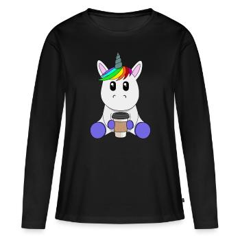 Einhorn mit Kaffeebecher to go - Frauen Premium Bio Langarmshirt - Schwarz - Vorne - Julia (174cm)