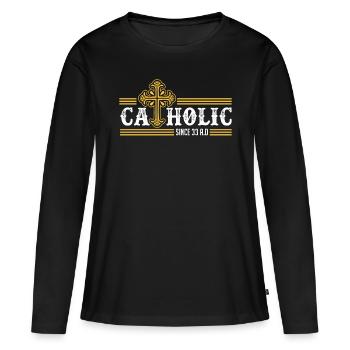 Catholique depuis 33 après JC Crucifix Jesus Eucharis - T-shirt manches longues Premium bio Femme - noir - Devant - Julia (174cm)