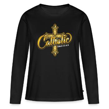 Catholique depuis 33 après JC Crucifix Jesus Eucharis - T-shirt manches longues Premium bio Femme - noir - Devant - Julia (174cm)