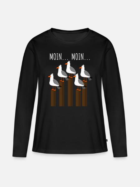 Möwe mit Möwen am Meer mit Moin Spruch - Frauen Premium Bio Langarmshirt - Schwarz