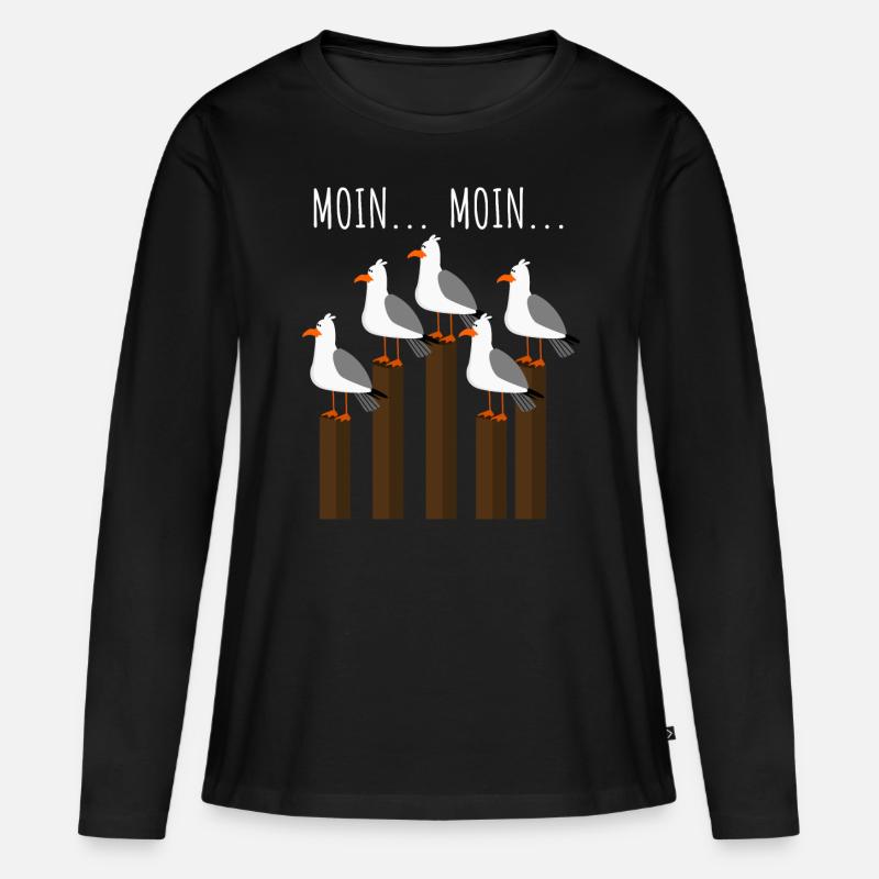 Möwe mit Möwen am Meer mit Moin Spruch - Frauen Premium Bio Langarmshirt - Schwarz