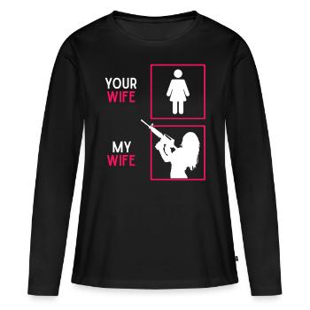 Amateurs d’armes, propriétaires d’armes Citation, Femme Armes - T-shirt manches longues Premium bio Femme - noir - Devant - Julia (174cm)