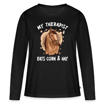 Mon thérapeute mange du maïs et du foin Cavalier Cavalier Cheval - T-shirt manches longues Premium bio Femme - noir - Devant - Julia (174cm)