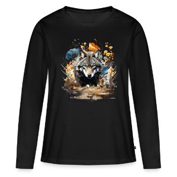 Wolf mit Vintage Blumen - Frauen Premium Bio Langarmshirt - Schwarz - Vorne - Julia (174cm)