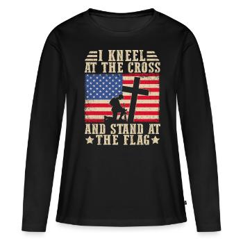 Ich knie am Kreuz und stehe an der Fahne - Frauen Premium Bio Langarmshirt - Schwarz - Vorne - Julia (174cm)