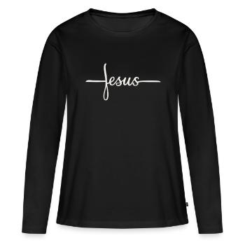 Jesus Kreuz Schriftzug Design - Frauen Premium Bio Langarmshirt - Schwarz - Vorne - Julia (174cm)