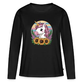 Kawaii Einhorn mit Sonnenblumen und Flieder - Frauen Premium Bio Langarmshirt - Schwarz - Vorne - Julia (174cm)