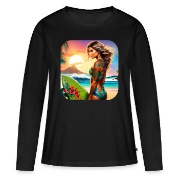 Fille surfeuse sexy sur la plage avec coucher de soleil - T-shirt manches longues Premium bio Femme - noir - Devant - Julia (174cm)