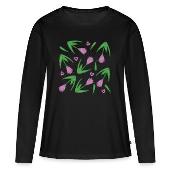 Pinke Blumen für die volle Blumenpracht - Frauen Premium Bio Langarmshirt - Schwarz - Vorne - Julia (174cm)