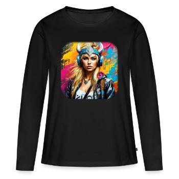 Modern Viking woman with headphones - Women's Premium Organic Long Sleeve Shirt - black - Front - Julia (174cm)