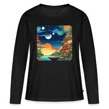 Buntes Motiv Asiatische Landschaft - Frauen Premium Bio Langarmshirt - Schwarz - Vorne - Julia (174cm)