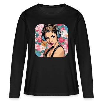 Fille cool avec des écouteurs et des fleurs - T-shirt manches longues Premium bio Femme - noir - Devant - Julia (174cm)