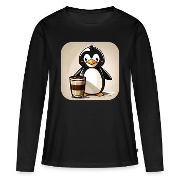 Niedlicher Pinguin mit Kaffee I - Frauen Premium Bio Langarmshirt - Schwarz - Vorne - Julia (174cm)