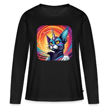 Psychedelisches Motiv Einhorn Katze - Frauen Premium Bio Langarmshirt - Schwarz - Vorne - Julia (174cm)