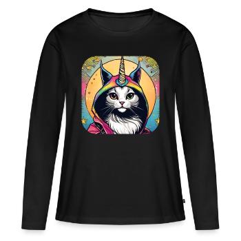 Chat mignon avec sweat à capuche Licorne - T-shirt manches longues Premium bio Femme - noir - Devant - Julia (174cm)