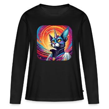 Psychedelisches Motiv Einhorn Katze - Frauen Premium Bio Langarmshirt - Schwarz - Vorne - Julia (174cm)