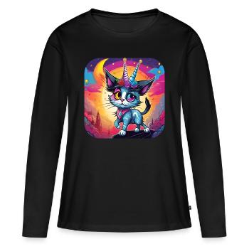 Niedliche Zweihorn Katze - Frauen Premium Bio Langarmshirt - Schwarz - Vorne - Julia (174cm)