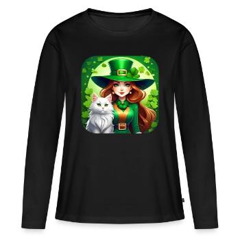 Leprechaun de la Saint-Patrick avec chat - T-shirt manches longues Premium bio Femme - noir - Devant - Julia (174cm)