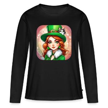 Leprechaun de la Saint-Patrick avec chat - T-shirt manches longues Premium bio Femme - noir - Devant - Julia (174cm)