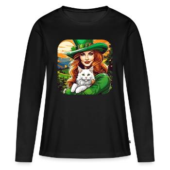 Leprechaun de la Saint-Patrick avec chat - T-shirt manches longues Premium bio Femme - noir - Devant - Julia (174cm)