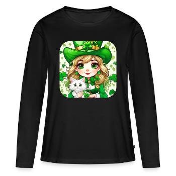 Leprechaun de la Saint-Patrick avec chat - T-shirt manches longues Premium bio Femme - noir - Devant - Julia (174cm)