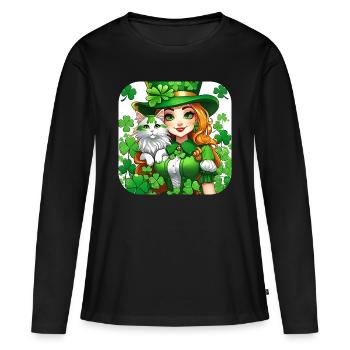Leprechaun de la Saint-Patrick avec chat - T-shirt manches longues Premium bio Femme - noir - Devant - Julia (174cm)