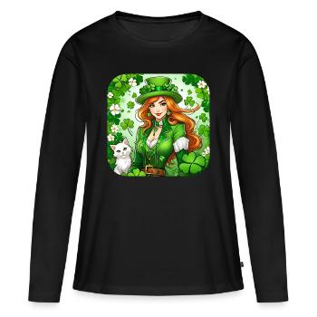 Lutin de la Saint-Patrick avec chat - T-shirt manches longues Premium bio Femme - noir - Devant - Julia (174cm)