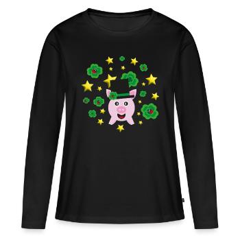 Silvester Sterne mit Glücksschwein und Klee. - Frauen Premium Bio Langarmshirt - Schwarz - Vorne - Julia (174cm)