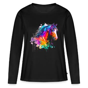 Idée Passion Chevaux Cavalier Aquarelle Splash Art - T-shirt manches longues Premium bio Femme - noir - Devant - Julia (174cm)