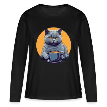Britisch Kurzhaar Katze und Kaffee - Frauen Premium Bio Langarmshirt - Schwarz - Vorne - Julia (174cm)