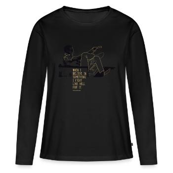 T-shirt Steve McQueen – « King of Cool » avec citation - T-shirt manches longues Premium bio Femme - noir - Devant - Julia (174cm)
