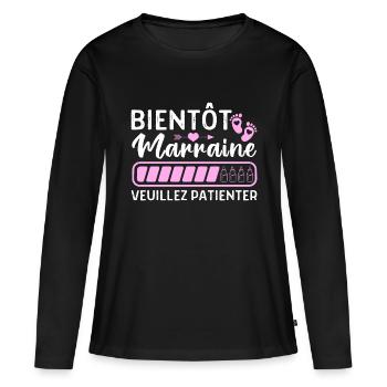 Bientôt marraine annonce naissance filleul cadeau - T-shirt manches longues Premium bio Femme - noir - Devant - Julia (174cm)