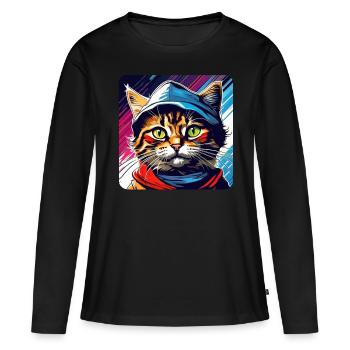Chat tigré cool avec casquette - T-shirt manches longues Premium bio Femme - noir - Devant - Julia (174cm)