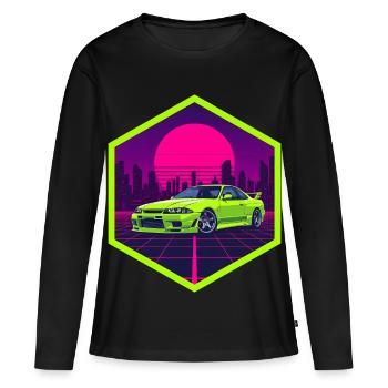 90er Synthwave R32 Limettengrüner JDM Neon Hex-Aufkleber - Frauen Premium Bio Langarmshirt - Schwarz - Vorne - Julia (174cm)